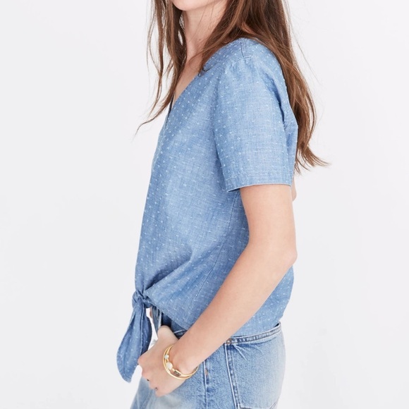 Madewell Chambray Eyelet V Neck Tie Top Small - Picture 2 of 11
